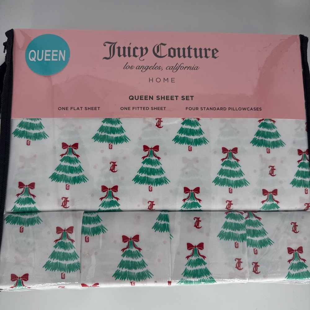 NEW Juicy Couture Los Angeles 6 Piece QUEEN Sheet Set Christmas Tree Bow White